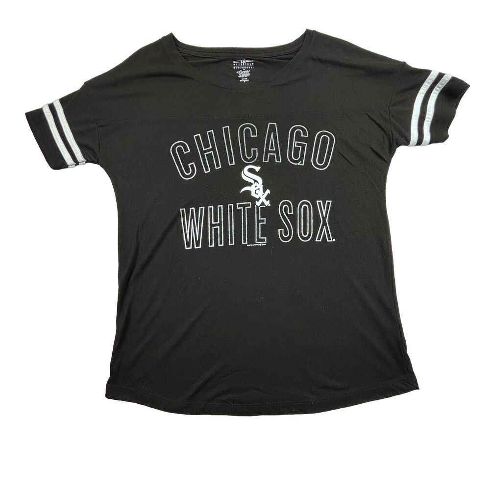 Vintage Chicago White Sox MLB Crew Neck T Shirt Womens S Black Striped Sleeve